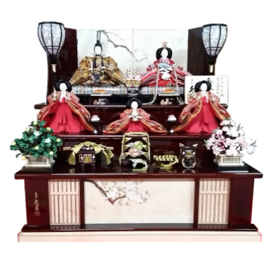 久月　西陣織金襴　駿河古典蒔絵「秀峰雛」木製栃三段　五人飾り