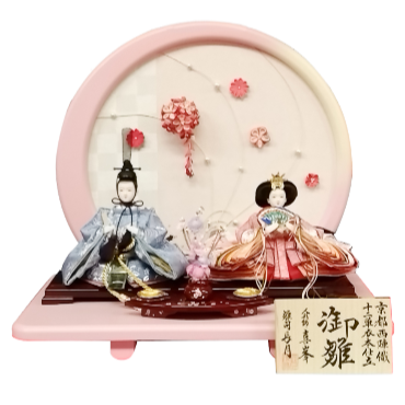 長月　喜峯作　水引つまみ細工ピンク丸形屏風 おさな顔親王飾り