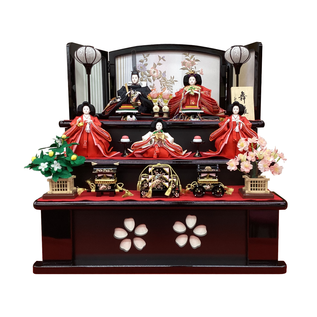 道翠作　藤花木三段収納　五人飾り